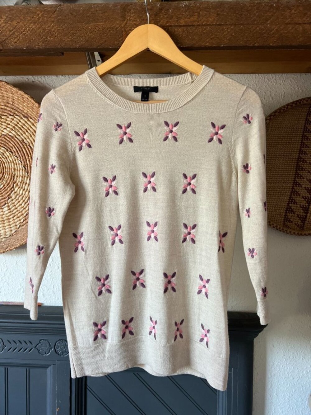 J.Crew Merino Tippi embroidered floral Merino Sweater 3/4 sleeves Small